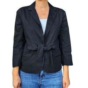 Theory Linen-Blend Tie-Front Galina Blazer in Black Size 12